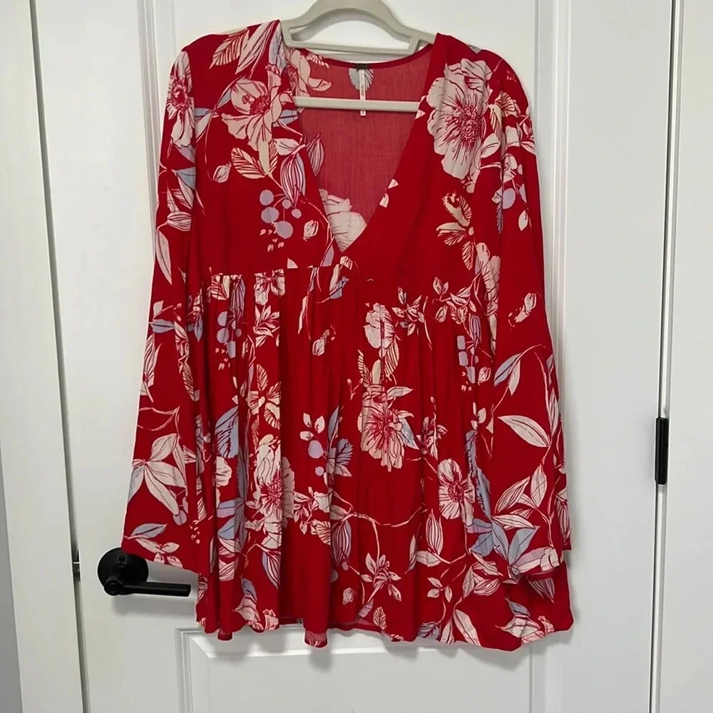 Free People Red Floral V-Neck Tunic